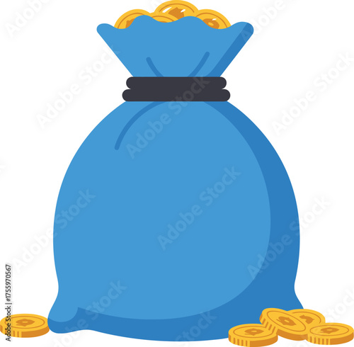 Cartoon blue money bag overflowing with golden coins symbolizing wealth and riches isolated on transparent background
