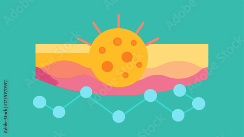 Barrier Penetration An illustration of nanoparticles navigating through the skin barrier with a visual representation of the outer layer being trated.