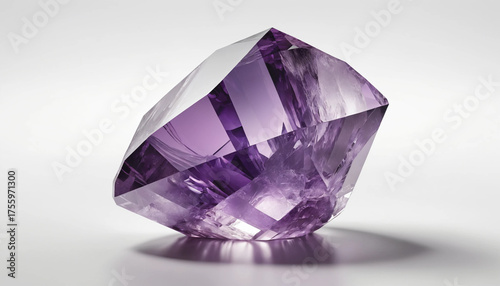 Améthyste 3D réaliste sur fond blanc, pierre précieuse violette symbole calme, luxe et élégance