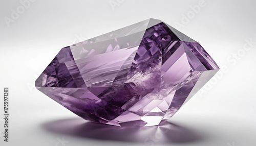 Améthyste 3D réaliste sur fond blanc, pierre précieuse violette symbole calme, luxe et élégance