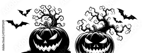 Vector art of a spooky halloween scene featuring carved pumpkins and bats, , creating a festive atmosphere