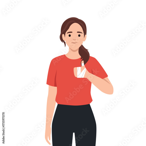 Woman with Bandaged Hand Giving Thumbs Up. Flat vector illustration isolated on white background