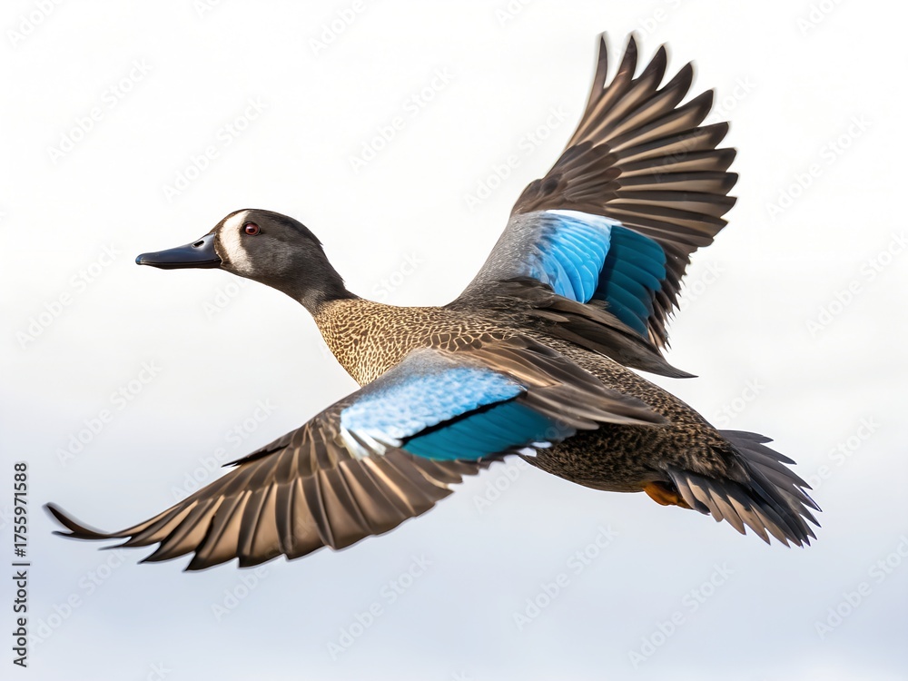 Obraz premium Blue-winged Teal Flying Isolated on White Background