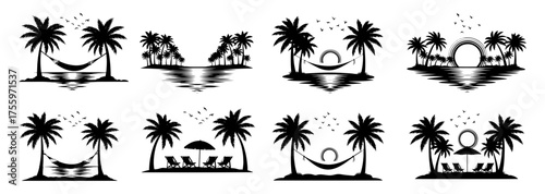 Vector art of set of tropical beach silhouette with palm trees, hammock, beach chairs, and sunset