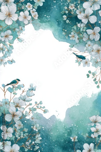 blue frame design with background, blue and green flowers,