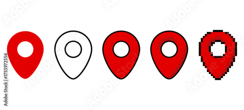 Red pin icon set in different styles. Hand drawn and vector designs of location markers, map pins, and pushpins for maps, navigation, or location-based projects.