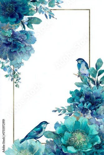 blue frame design with background, blue and green flowers,