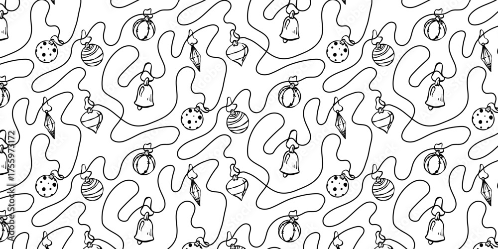 Fototapeta premium Christmas lights string seamless pattern. Doodle black outline bulbs in line art style. Festive monochrome garland for winter holidays, New Year, or birthday party decoration design.