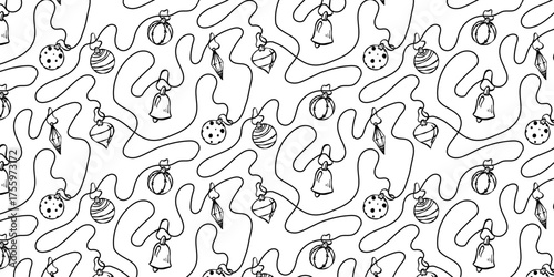 Christmas lights string seamless pattern. Doodle black outline bulbs in line art style. Festive monochrome garland for winter holidays, New Year, or birthday party decoration design.