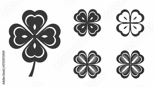 Collection of five stylized four leaf clovers in varying designs and orientations on a white background | editable eps vectors silhouette