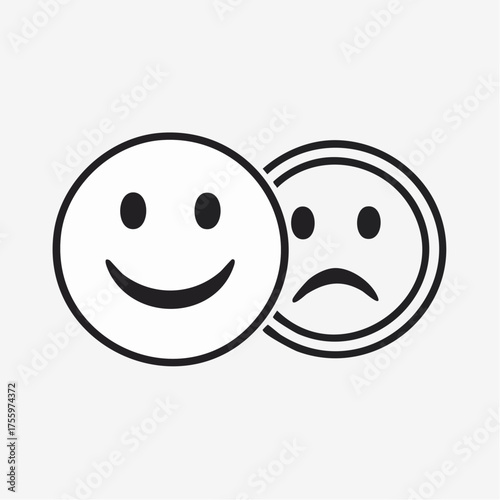 Happy and sad emoji smiley faces line art vector icon for apps and websites