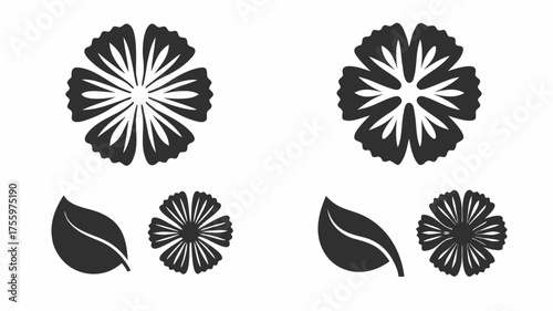 Two sets of floral elements including flower blossoms and leaves in a symmetrical arrangement design | editable eps vectors silhouette