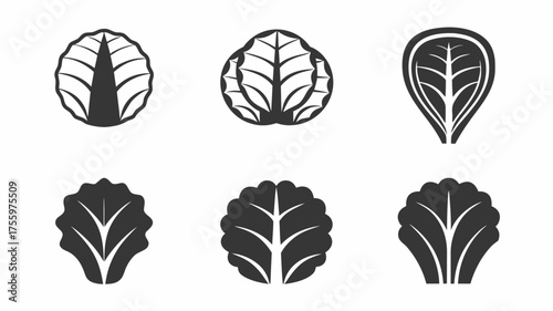 Collection of six stylized leaf icons in black and white showing different leaf arrangements and shapes | editable eps vectors silhouette