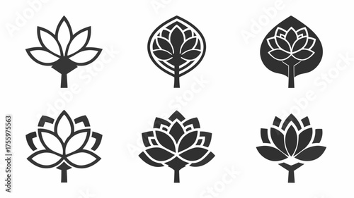 Collection of six stylized lotus flower icons with varying petal designs and stem representations design | editable eps vectors silhouette