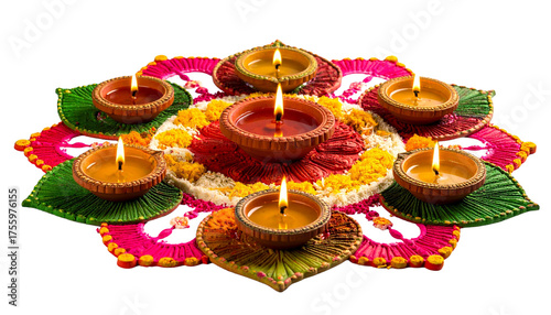 Colorful Diwali rangoli decorated with traditional clay oil lamps and bright festive patterns isolated on white background
