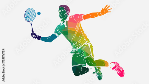 Dynamic tennis player in mid-air striking a powerful forehand shot with vibrant abstract color splashes