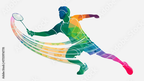 Dynamic badminton player in motion captures the thrill of competition with vibrant abstract energy trails