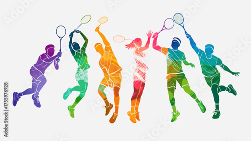 Dynamic badminton players in vibrant watercolor style capture the thrill of the game with energetic poses and rackets ready for action