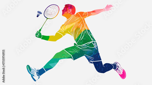 Dynamic badminton player in vibrant watercolor splash art executing a powerful smash with shuttlecock in motion
