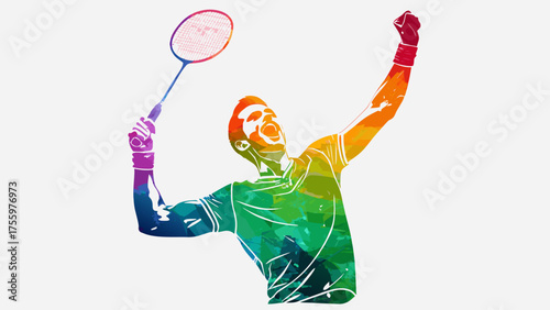 Dynamic badminton athlete celebrating victory with powerful expression and vibrant colors, showcasing energy and achievement in sports, originally a scalable graphic