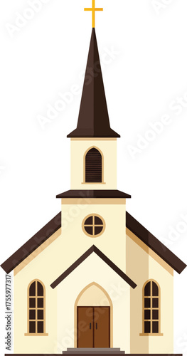 Traditional christian church building with steeple and cross symbolizing faith and worship isolated on transparent background