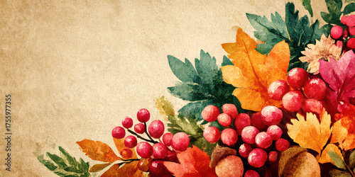 Vibrant Watercolor Autumn Border with Red Berries, Fall Leaves, and Acorns on Rustic Paper Texture