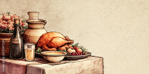 Vintage Sketch Style Thanksgiving Dinner with Roasted Turkey, Pitcher, and Wine Bottle on Table