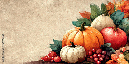 Watercolor Painting of Autumn Harvest Arrangement with Pumpkins, Pomegranate, and Grapes on Textured Background