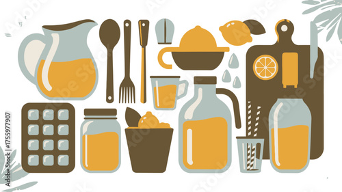 Stylized Still Life Pitcher, Utensils, Juicer, Lemon, and Honeycomb on White Background