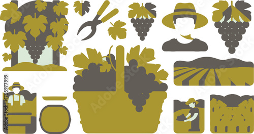 TwoTone Vineyard Harvesting Grapes, Vineyard Landscape, Wine Production Illustration in Gold and Gray