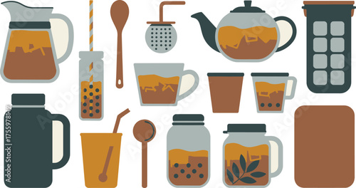Tea Time Flat Lay of Tea Pots, Cups, Spoons, and Accessories