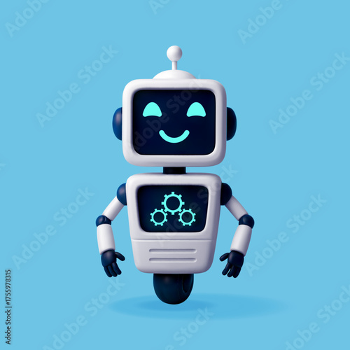 3D rendered cute robot character icon with a happy face and gear icons, perfect for technology, AI, and automation themes. Vector illustration
