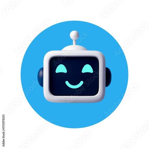 3D rendering of a cheerful, smiling chatbot icon with antenna in a blue circle, ideal for AI and tech branding. Vector illustration