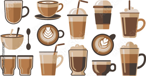 Variety of Coffee Drinks Cappuccino, Latte, Iced Coffee, and Espresso Illustration, Different Coffee Preparations