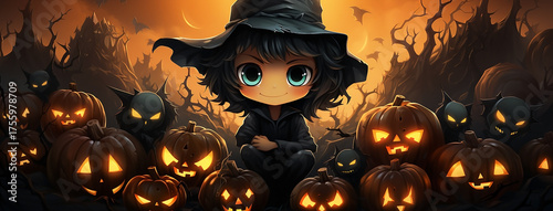 Mysterious stylized boy in a black hat surrounded by glowing jack-o'-lanterns on a spooky Halloween night. 