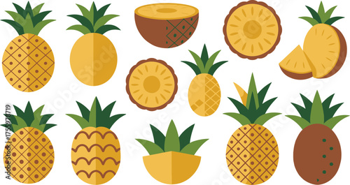 Variety of Stylized Pineapples Whole, Sliced, and Halved Tropical Fruit Illustration