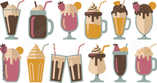 Variety of Sweet Cartoon Milkshakes with Toppings Strawberries, Chocolate, Whipped Cream, and Sprinkles