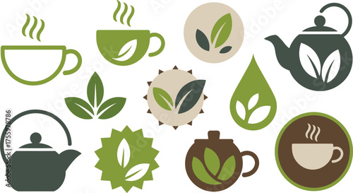 Variety of tea themed flat design icons with leaves and tea cups illustration