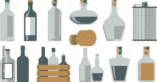 Various Stylish Bottles and Flasks Arranged on a White Background, Perfect for Barware Concepts