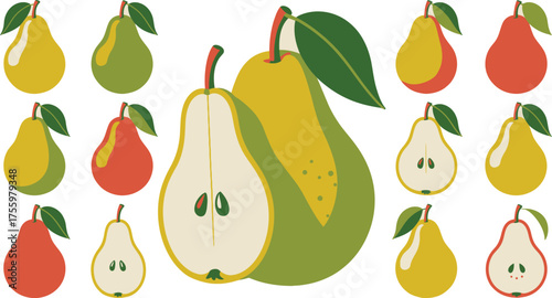 Vibrant Pear Variety Illustration of Whole, Halved, Yellow, Green, and Red Pears with Leaves