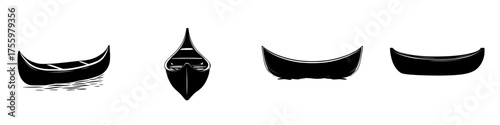Various styles of canoes displayed in a line highlighting designs and shapes in a minimalistic style