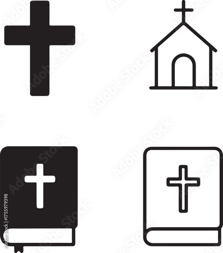 Isolated Christian religion icon set, religion cross symbol, Christian faith icon, church bible belief, solid black line outline filled, thin stroke vector, modern minimal design