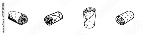 Creative illustration of assorted burritos filled with various ingredients on a white background