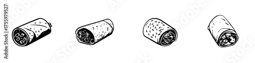 Various styles of burritos displayed on a white background showcasing culinary diversity