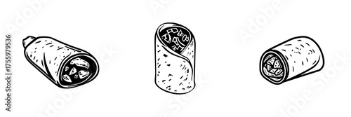 Hand-drawn burritos filled with various ingredients on a white background showcasing culinary variety and creativity