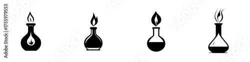 Various designs of flame-lit laboratory flasks in black silhouette against a white background