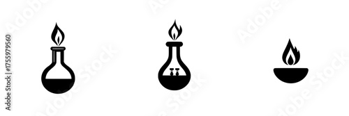 Symbols representing laboratory equipment and flame used for scientific experiments and chemical reactions