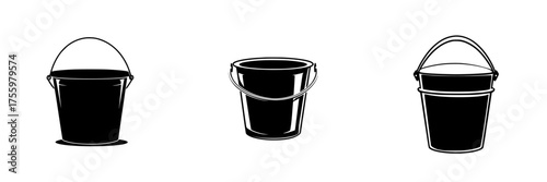 Variety of black buckets with handles displayed in different perspectives showcasing their design and structure