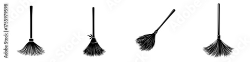 Different styles of brooms arranged on a white background showcasing their varied designs and bristle shapes