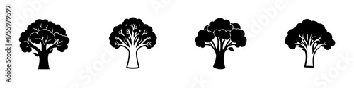 Various stylized tree silhouettes representing different shapes and sizes in design elements for artistic projects